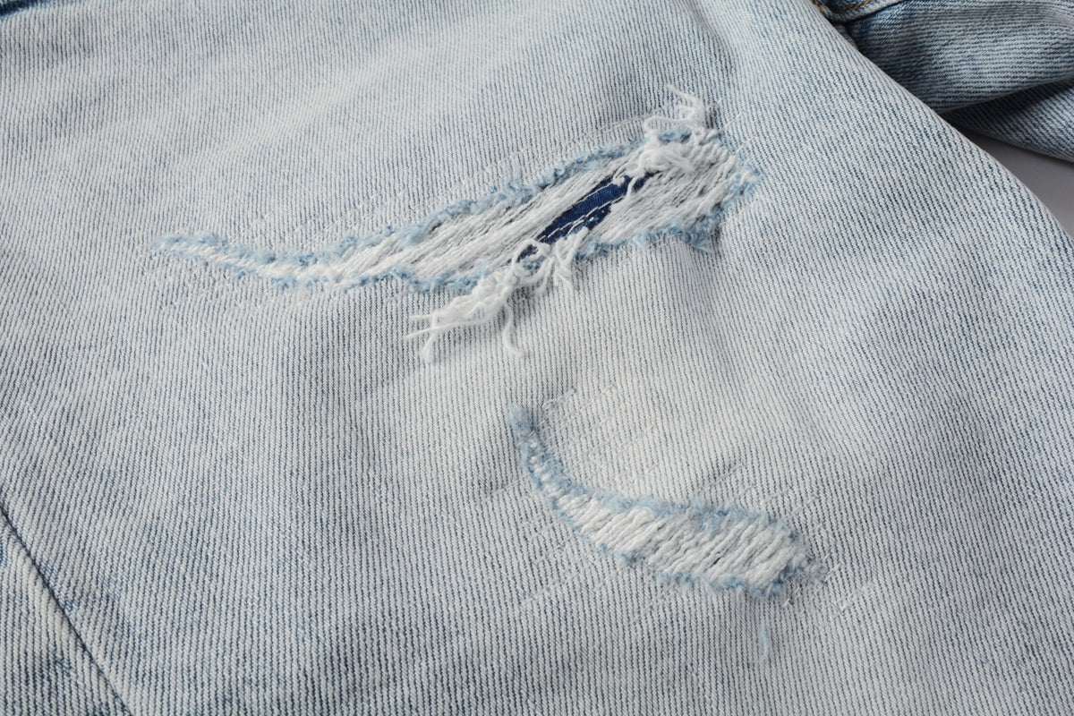 PURPLE Men Streetwear Denim Shorts Light Blue Wash with Distressed Rips and Raw Hem 5088