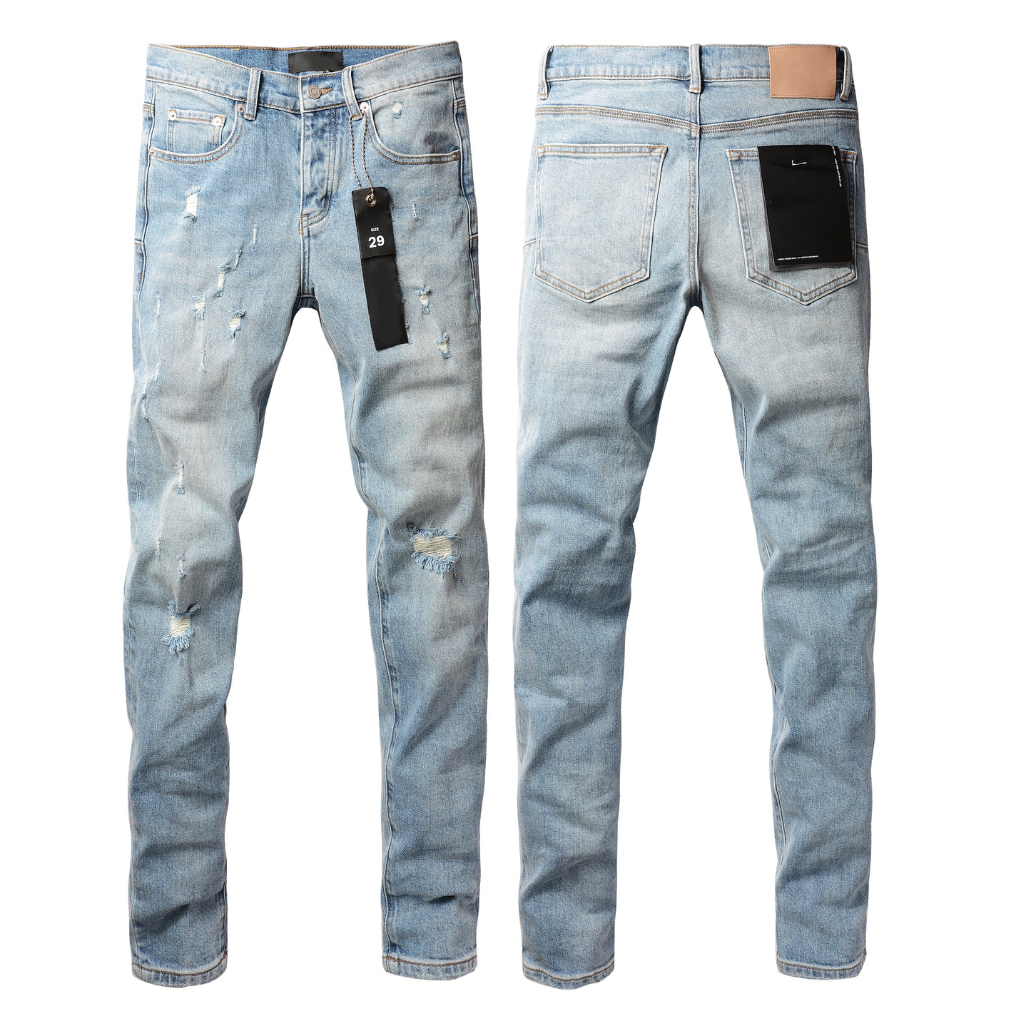 PURPLE Men Streetwear Skinny Jeans Light Blue Wash with Subtle Distressed Ripped Details 9075