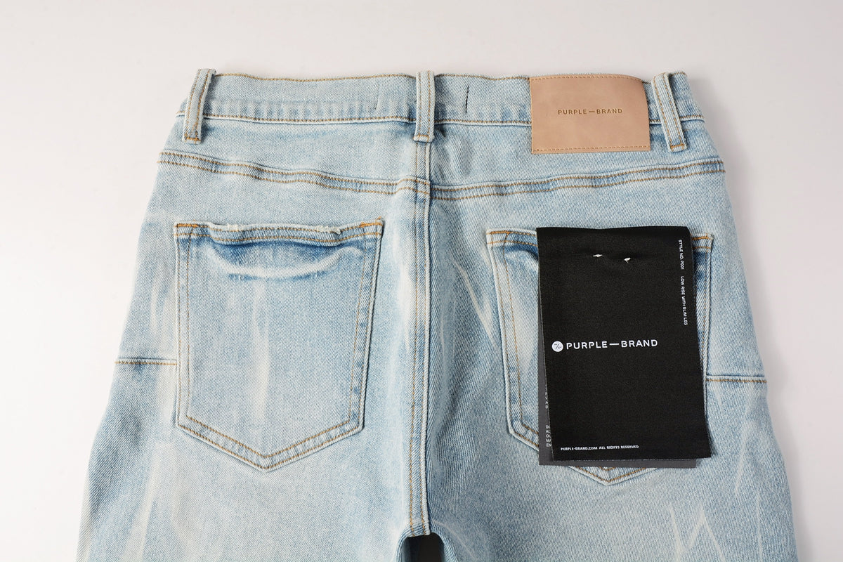 PURPLE Men Streetwear Denim Shorts Light Blue Wash with White Distressed Patches and Raw Hem 5069