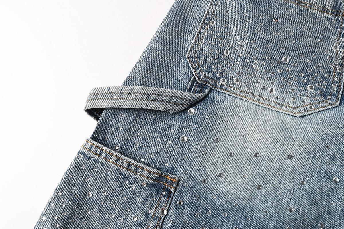 PURPLE Men Streetwear Cargo Denim Shorts Light Blue Wash with Rhinestone Embellishment and Distressed Details 5097