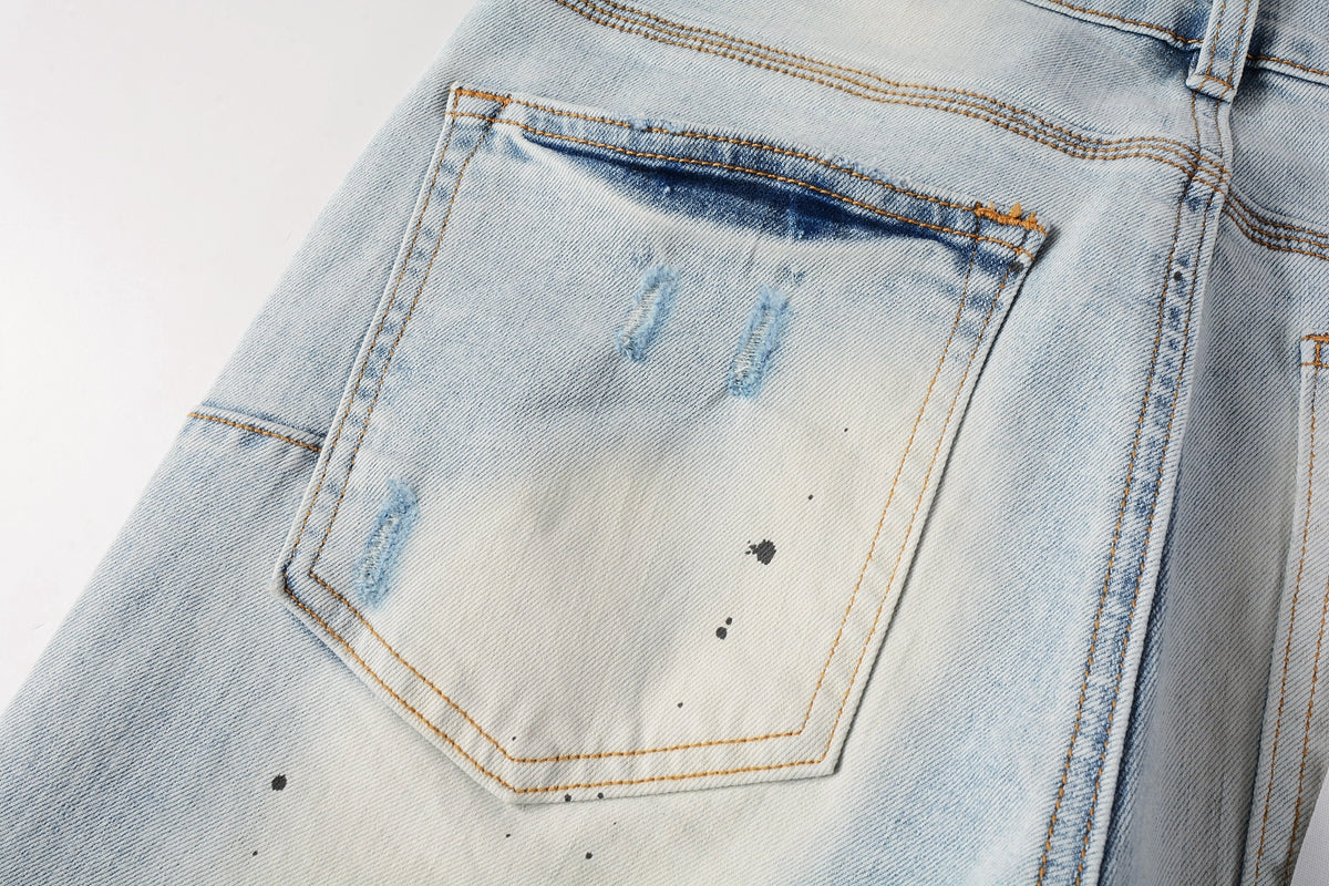 PURPLE Men Streetwear Skinny Jeans Light Blue Wash with White Paint Splatter and Subtle Distress 9006