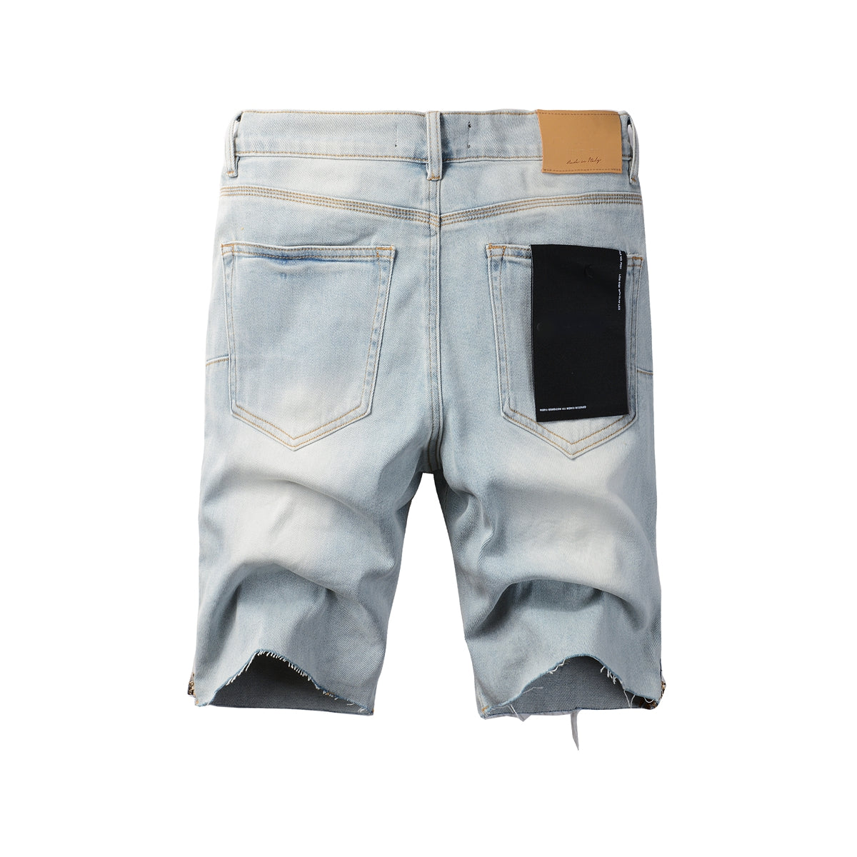 PURPLE Men Streetwear Denim Shorts Light Blue Wash with Side Zipper and Distressed Raw Hem 5086