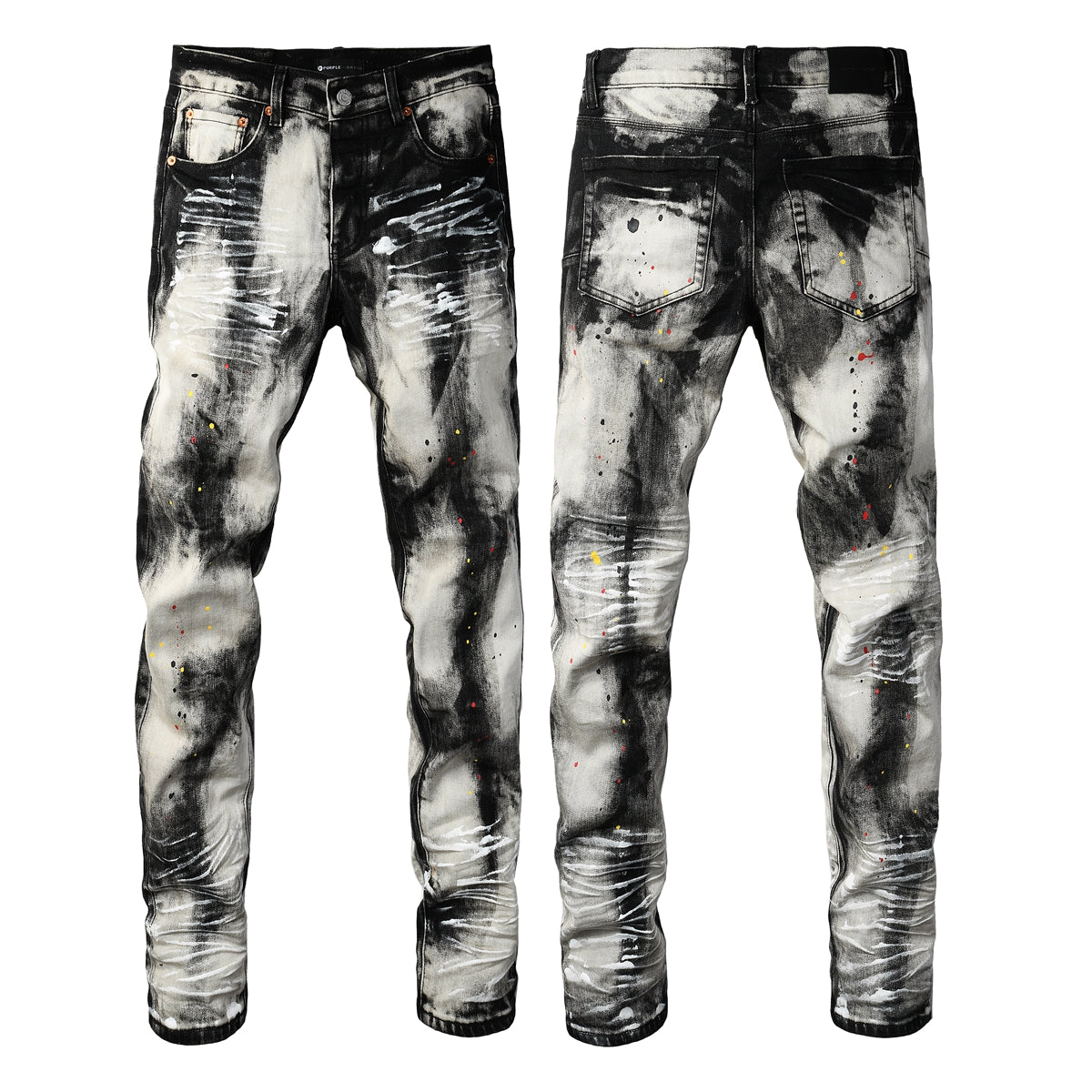 PURPLE Men Streetwear Skinny Jeans Black and White Graffiti Wash with Multi Color Paint Splash 9111
