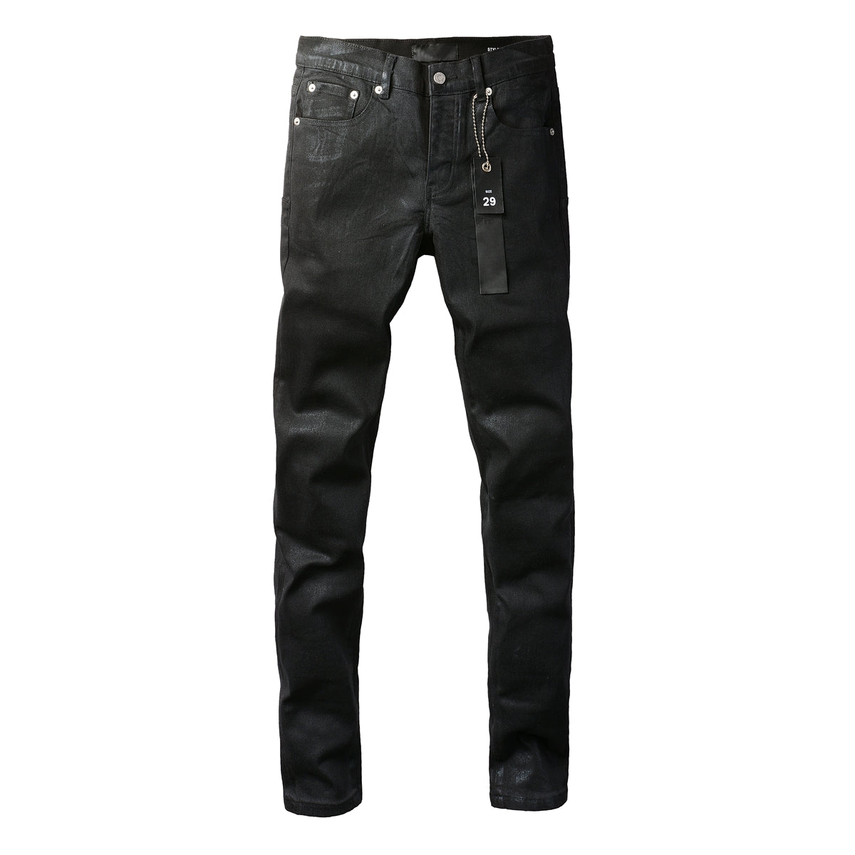 PURPLE Men Streetwear Skinny Jeans Black Wash with Subtle Sheen and Tag Accent 9082