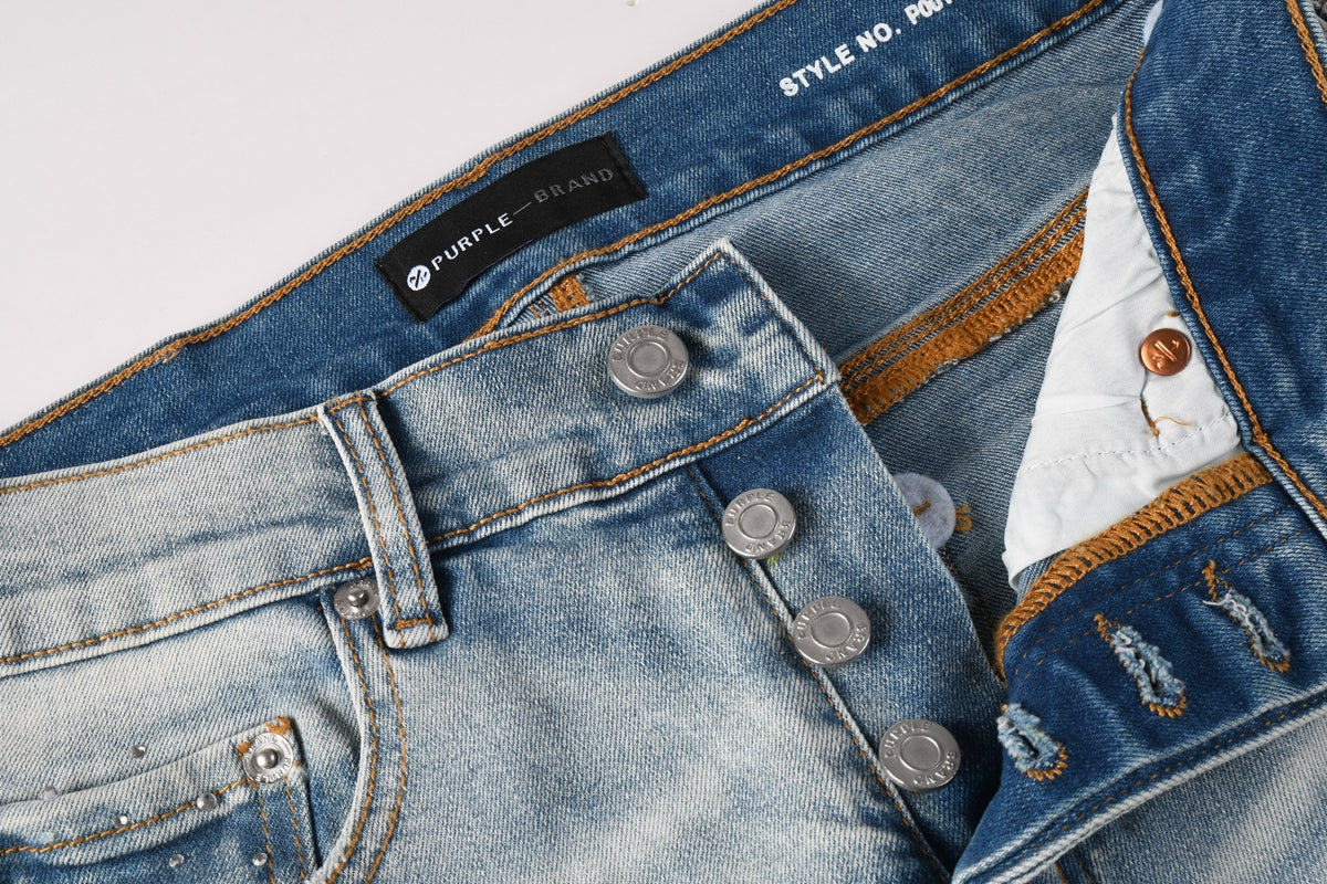 PURPLE Men Streetwear Skinny Jeans Light Blue with Rhinestone Studs and Distressed Details PU9119