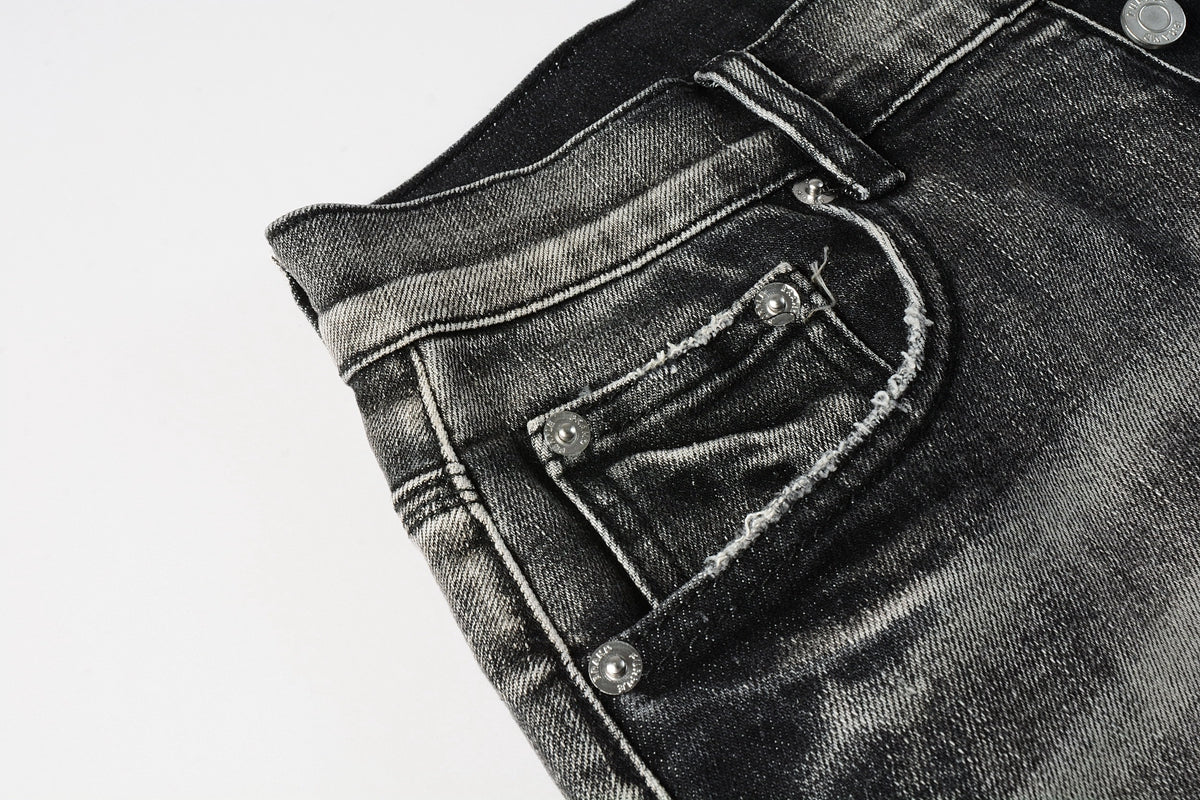 PURPLE Men Streetwear Denim Shorts Grey Black Wash with Leopard Print Ripped Details and Raw Hem 5068