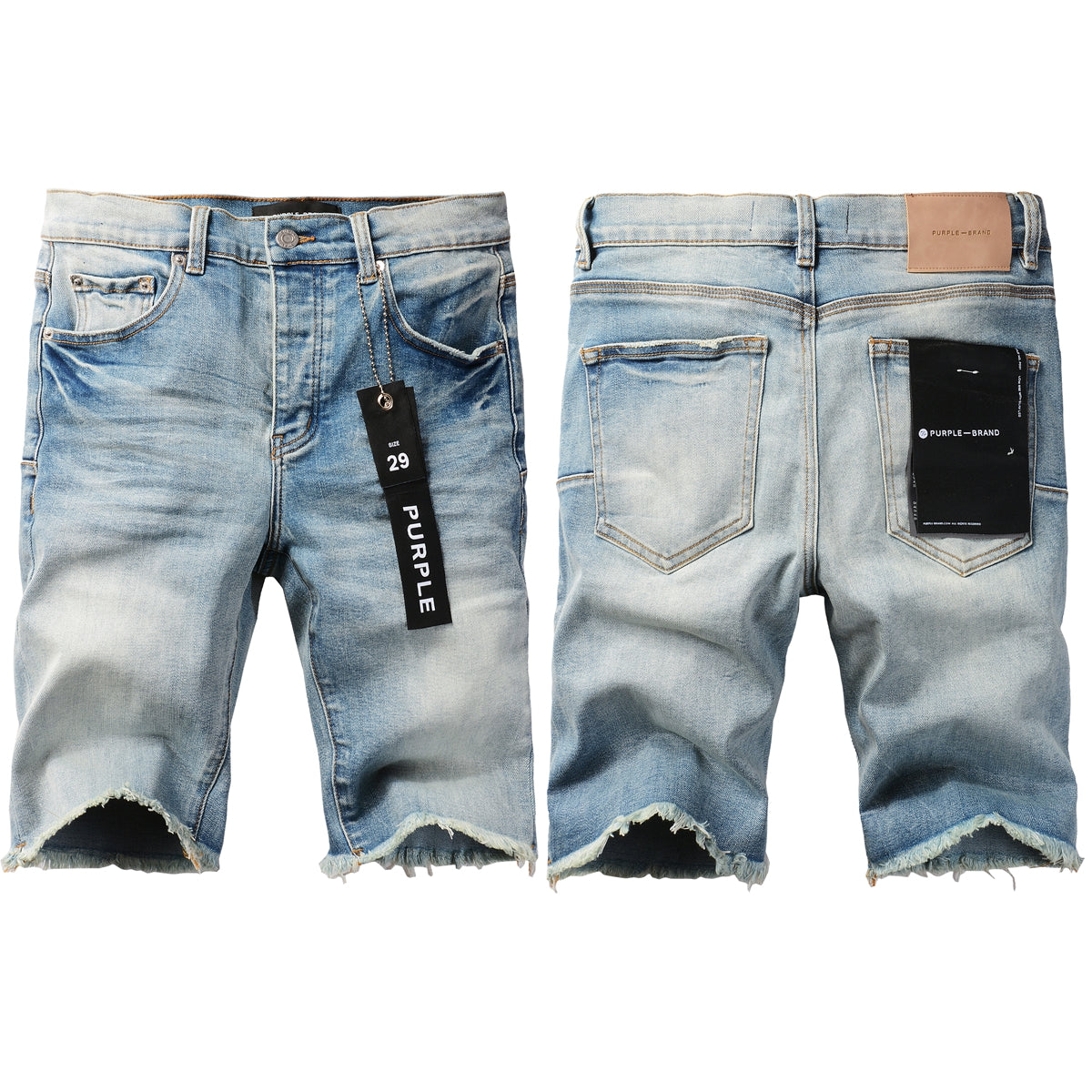 PURPLE Men Streetwear Denim Shorts Light Blue Wash with Raw Hem and Vintage Finish 5016