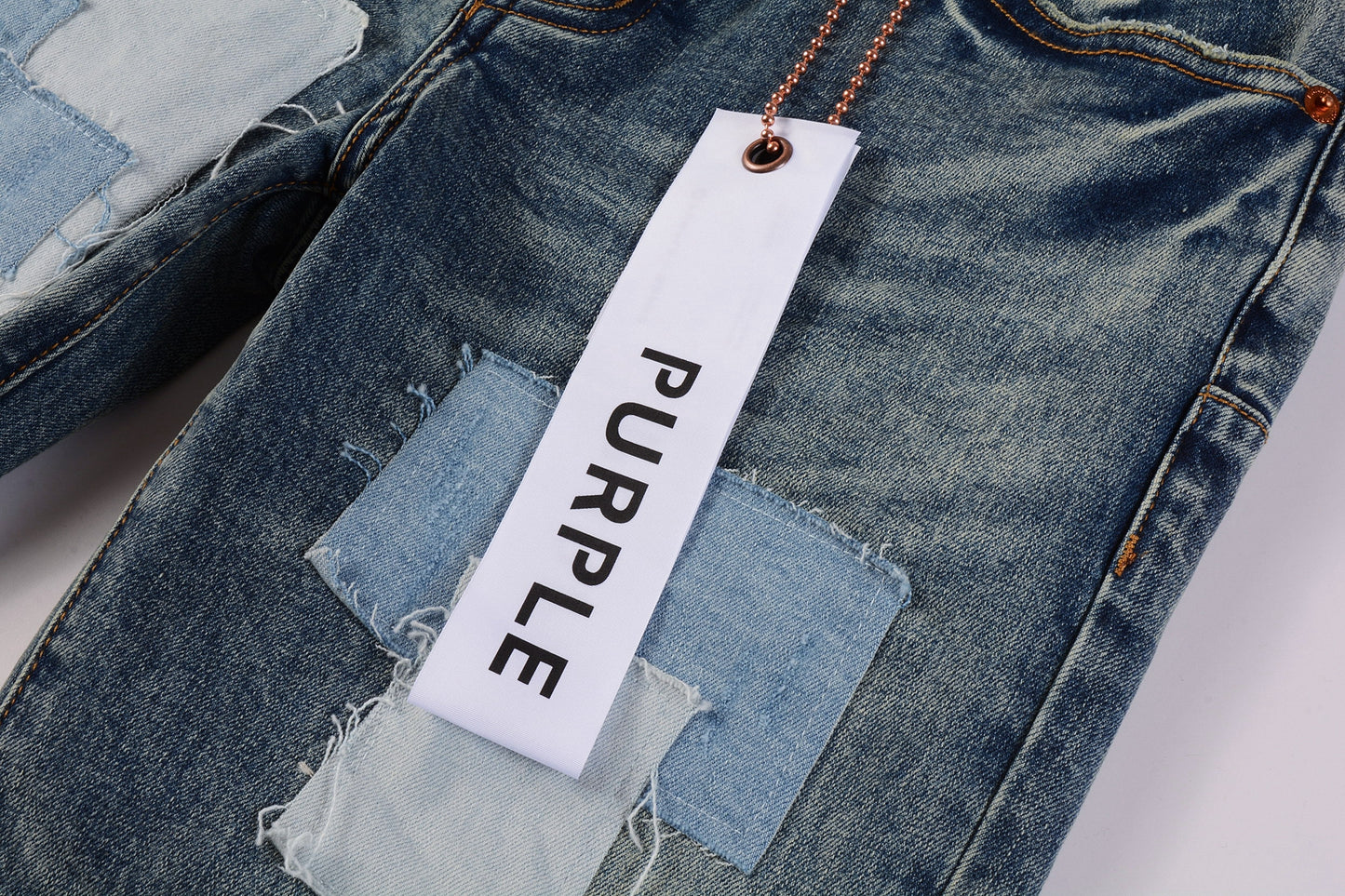 PURPLE Men Streetwear Skinny Jeans Light Blue Wash with Patchwork Distressed Details 9015