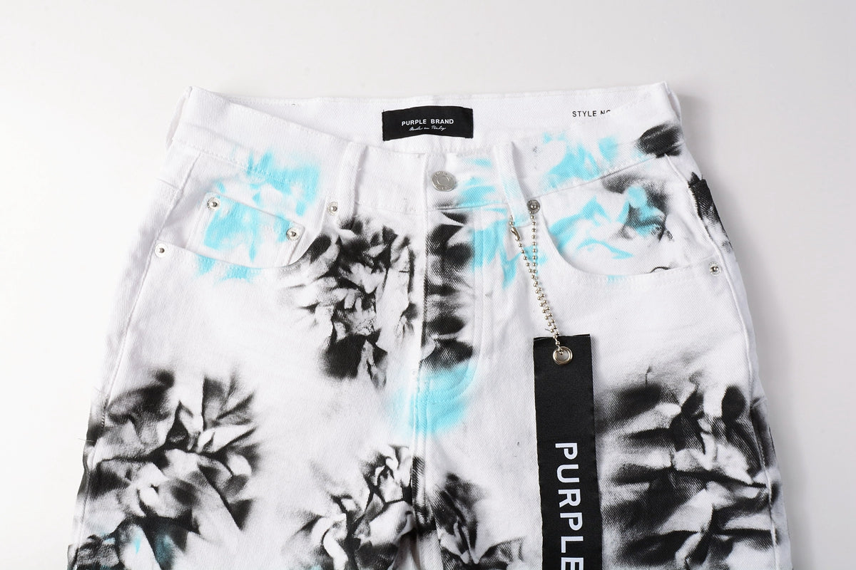 PURPLE Men Streetwear Denim Shorts White Wash with Blue - Black Ink Floral Print and Raw Hem 5065