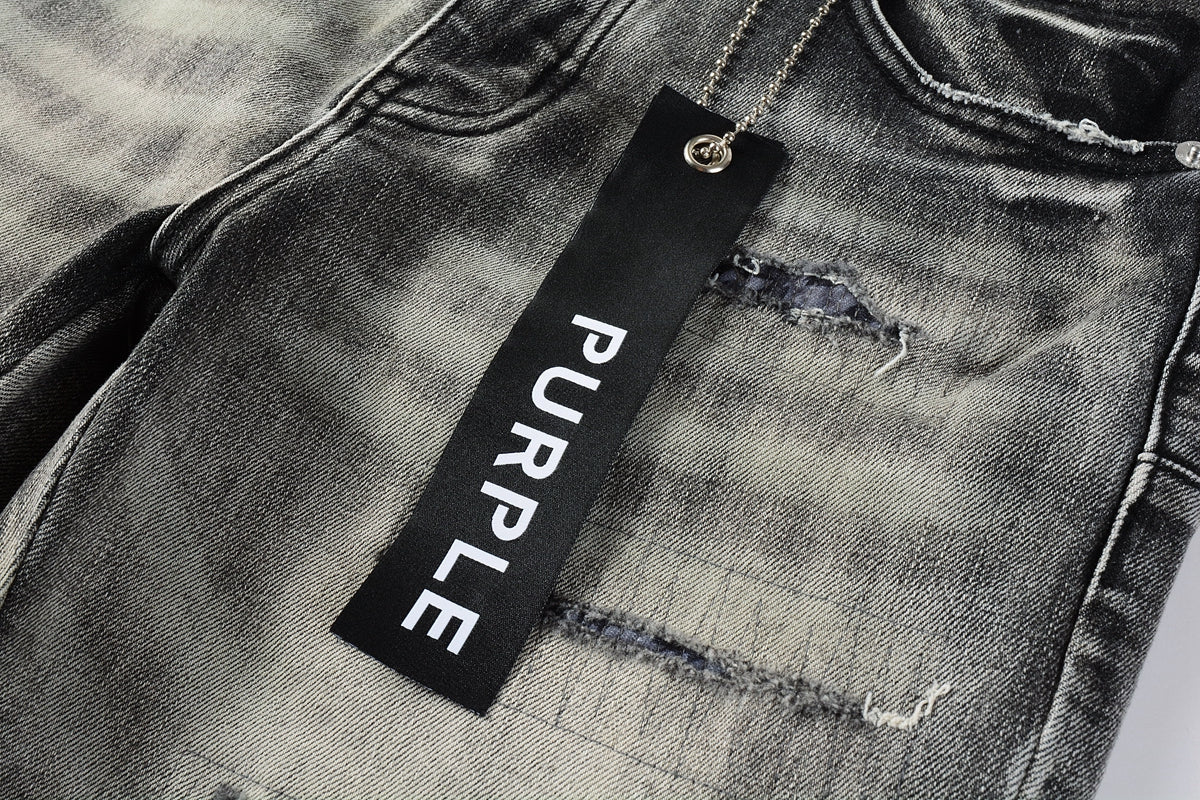 PURPLE Men Streetwear Denim Shorts Grey Black Wash with Leopard Print Ripped Details and Raw Hem 5068