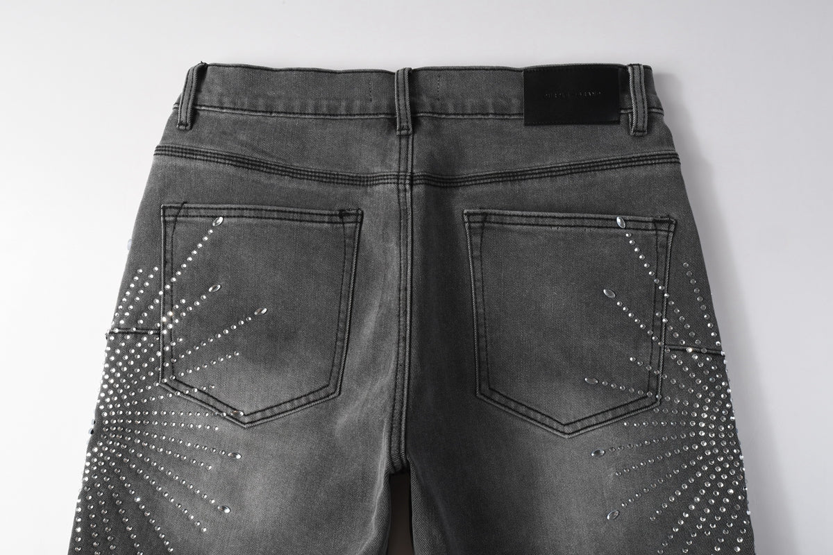 PURPLE Men Streetwear Grey Denim Shorts with Radial Rhinestone Burst Patterns 5094