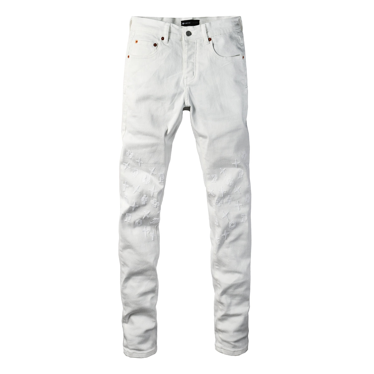 PURPLE Men Designer Streetwear Skinny Jeans Solid White with 3D Embossed Monogram Pattern 9113