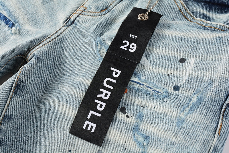 PURPLE Men Streetwear Denim Shorts Light Blue Wash with Colorful Paint Splashes and Distressed Raw Hem 5071