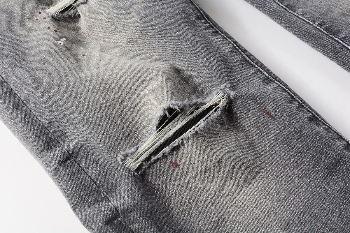 PURPLE Men Streetwear Distressed Grey Skinny Jeanswith Color Paint Splatter and Knee Rips 9107