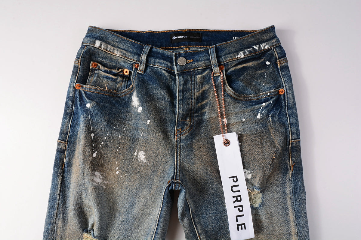 PURPLE Men Streetwear Skinny Jeans Light Blue Wash with Distressed Rips and White Paint Splatter 9012