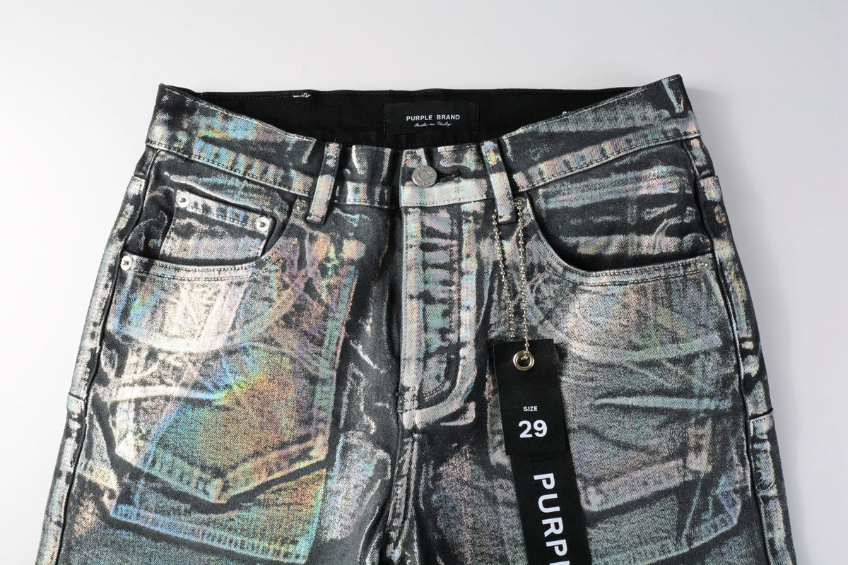 PURPLE Men Streetwear Denim Shorts Black Wash with Holographic Reflective Finish and Raw Hem 5028