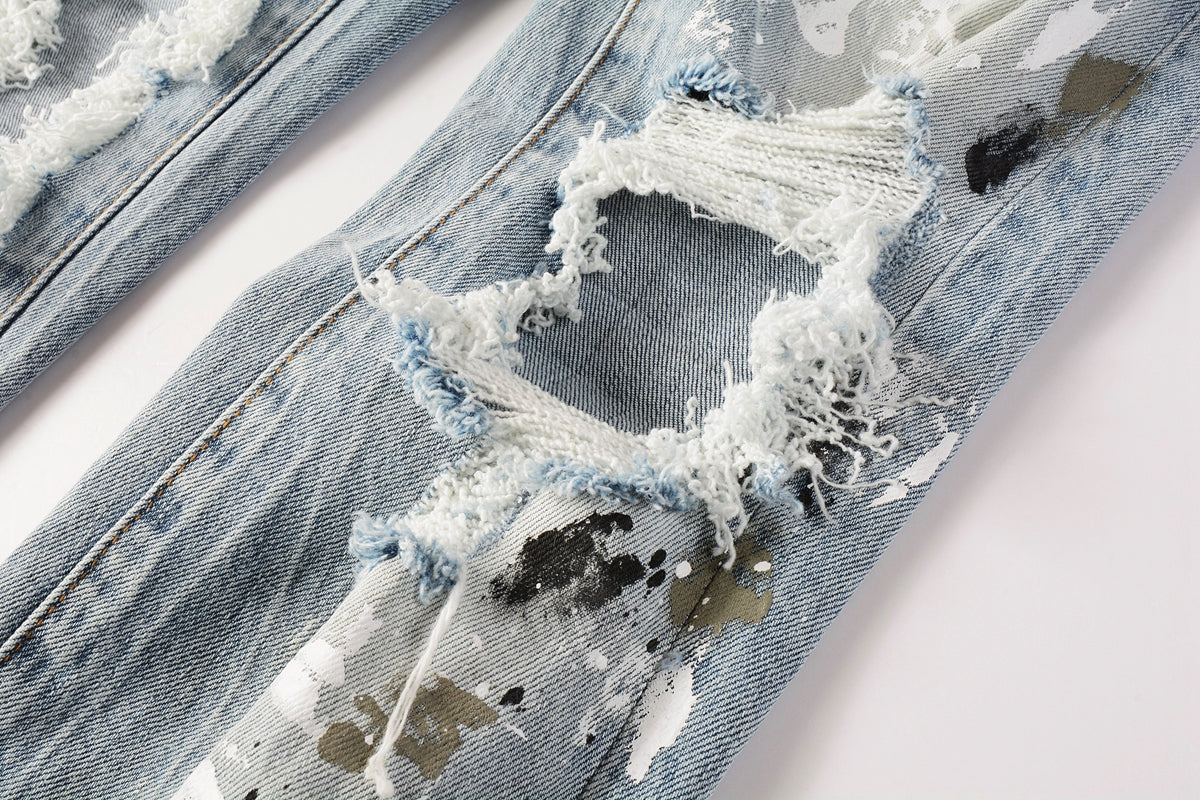 PURPLE Men Streetwear Jeans Light Blue Paint Splash Distressed Ripped skinny 9100