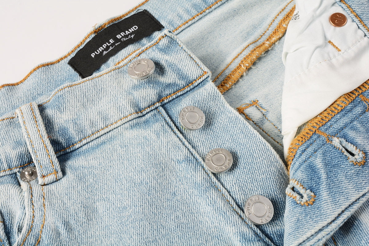 PURPLE Men Streetwear Denim Shorts Light Blue Wash with White Distressed Patches and Raw Hem 5069