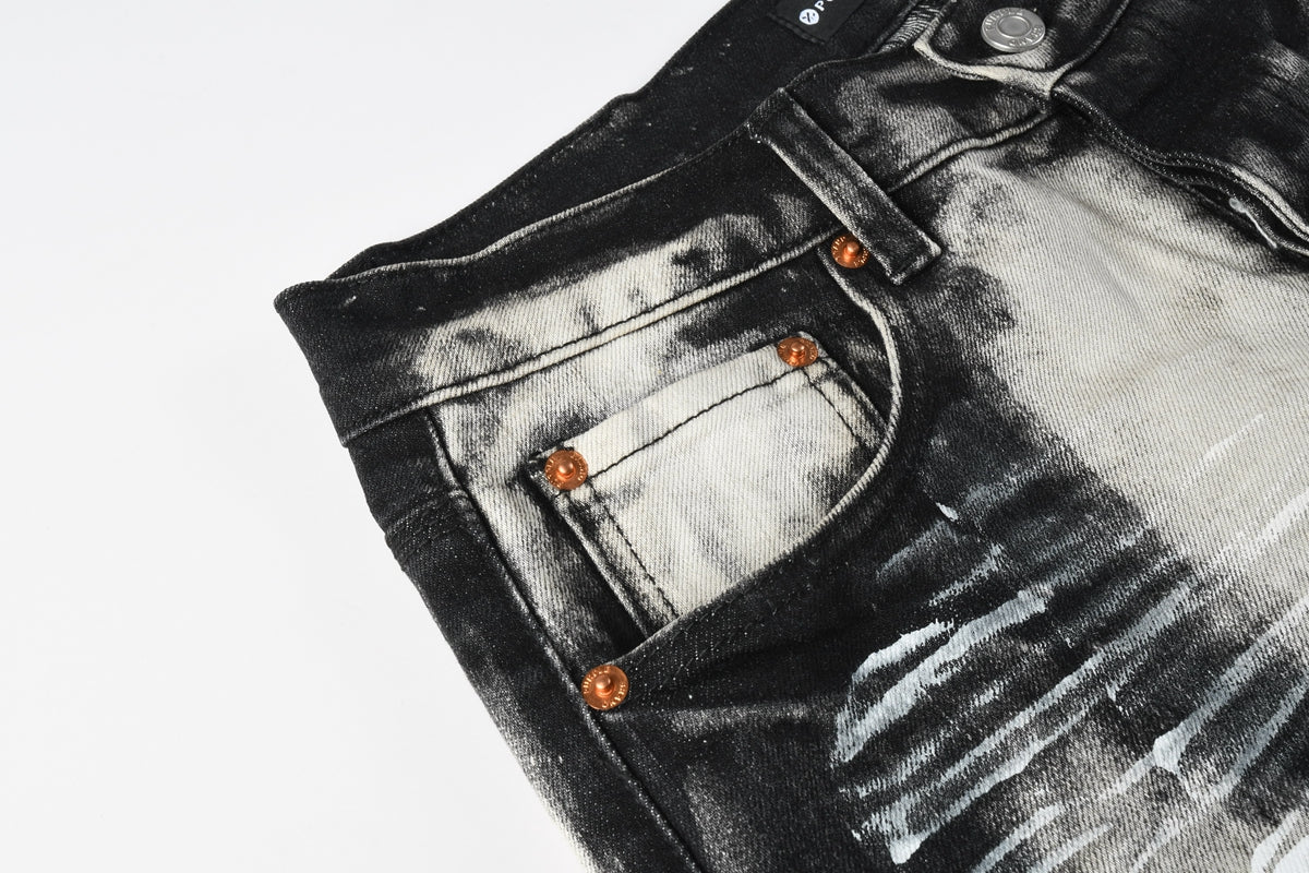 PURPLE Men Streetwear Skinny Jeans Black and White Graffiti Wash with Multi Color Paint Splash 9111