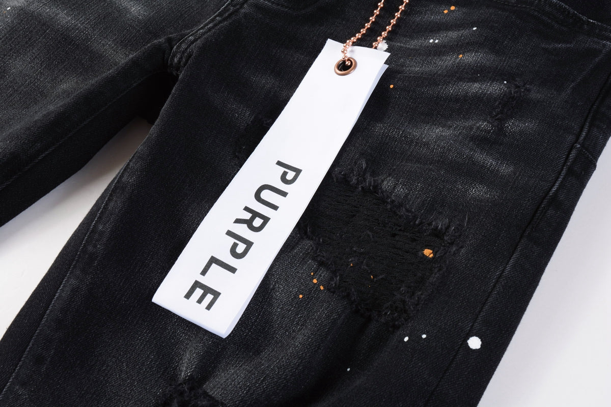 PURPLE Mens Jeans - Distressed Black Denim with Knee Slit and Ripped Hole 9045