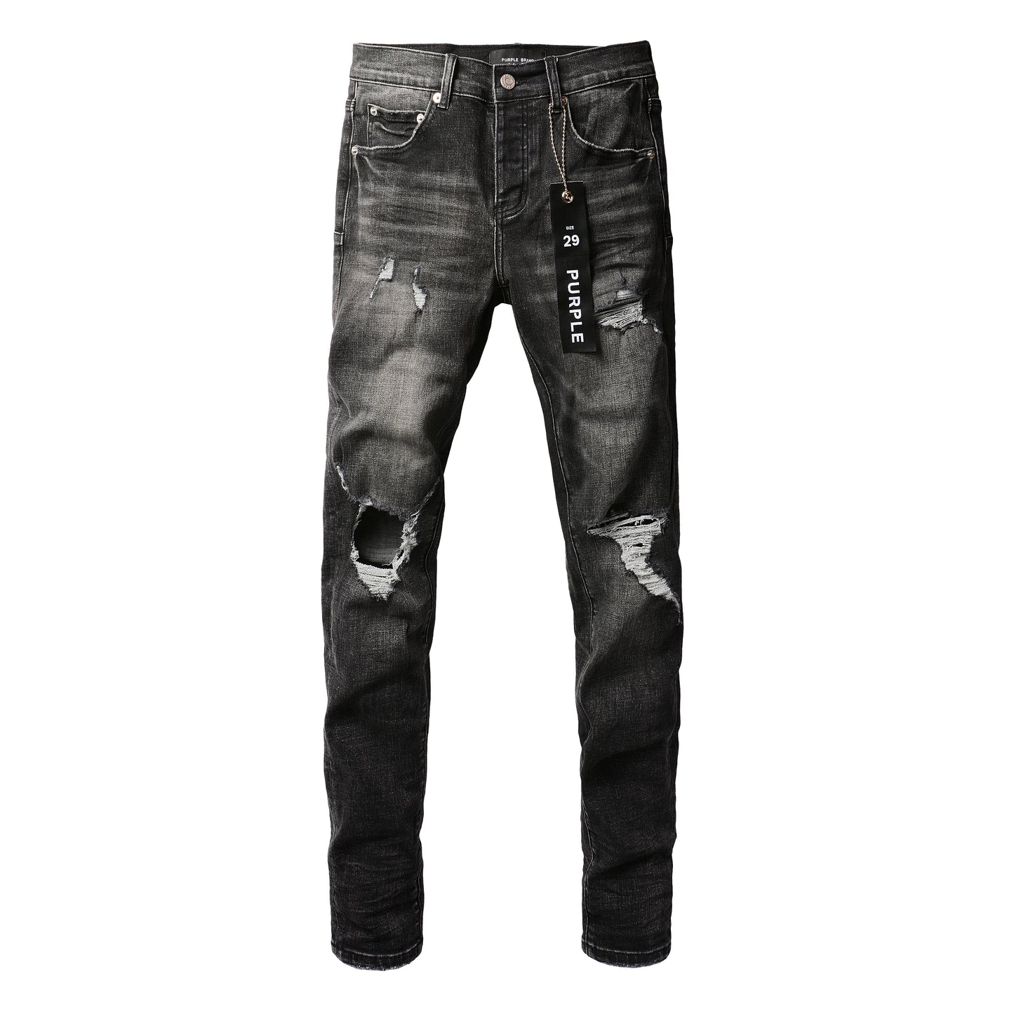PURPLE Men Streetwear Skinny Jeans Dark Gray Wash with Heavy Distressed Ripped Details 9079