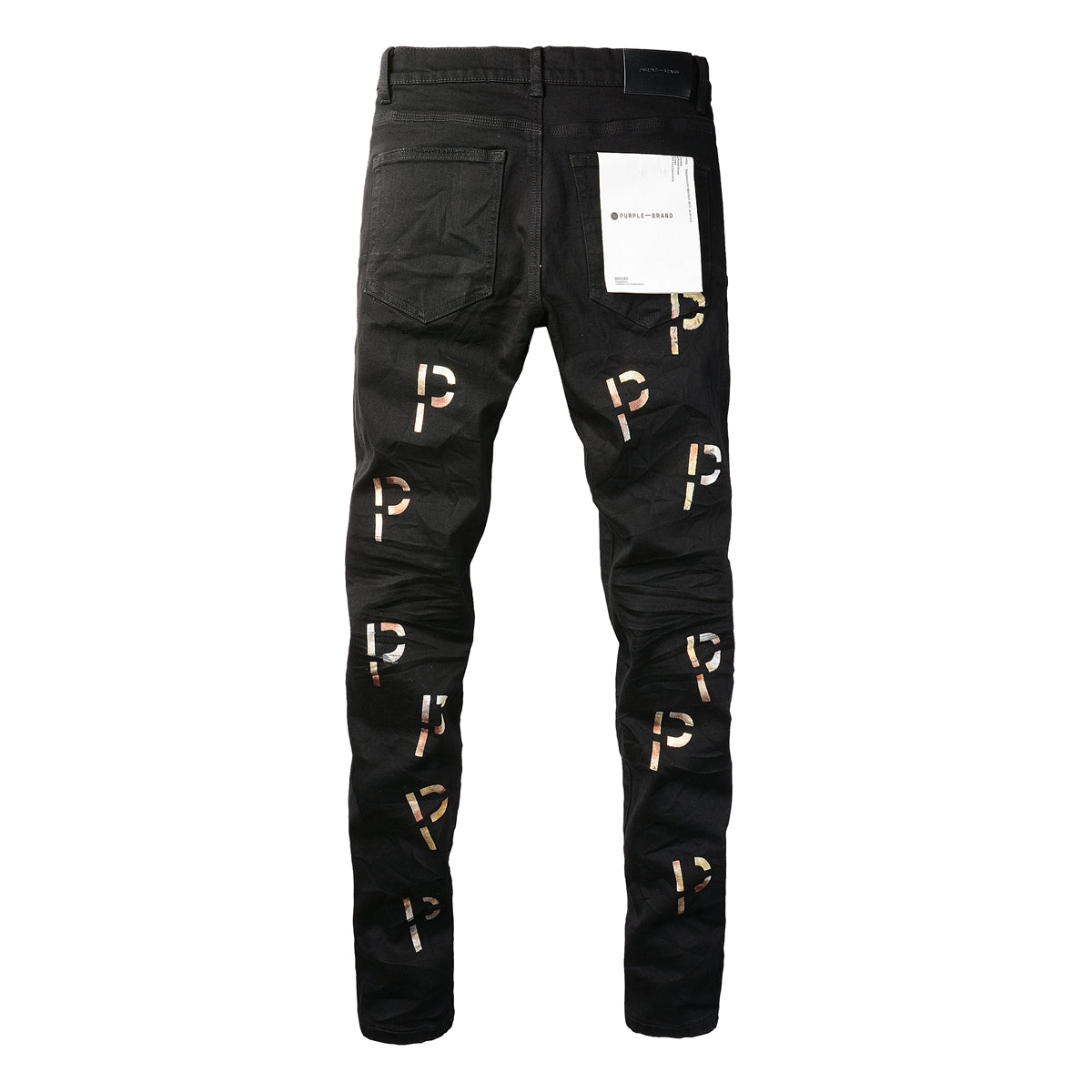 PURPLE Men Streetwear Skinny Jeans Black Wash with All-Over Metallic Gold "P" Print 9008