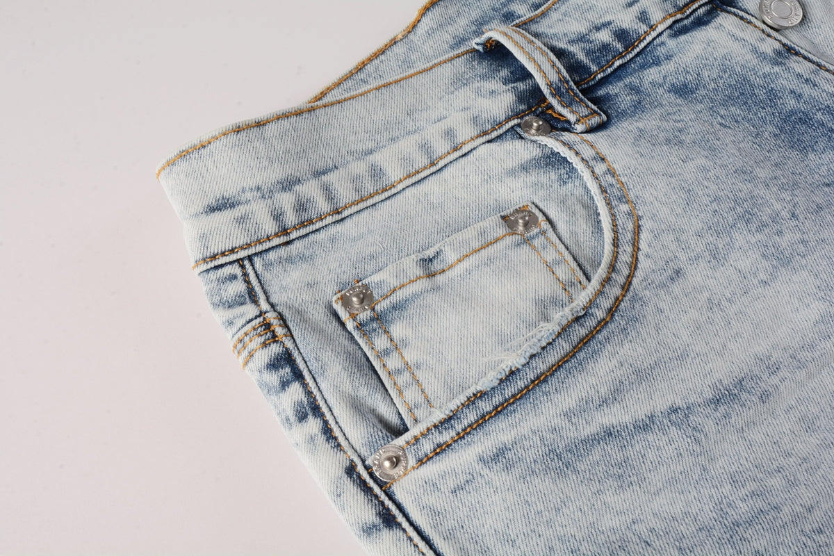 PURPLE Men Streetwear Denim Shorts Light Blue Wash with Vintage Distressed Raw Hem 5053
