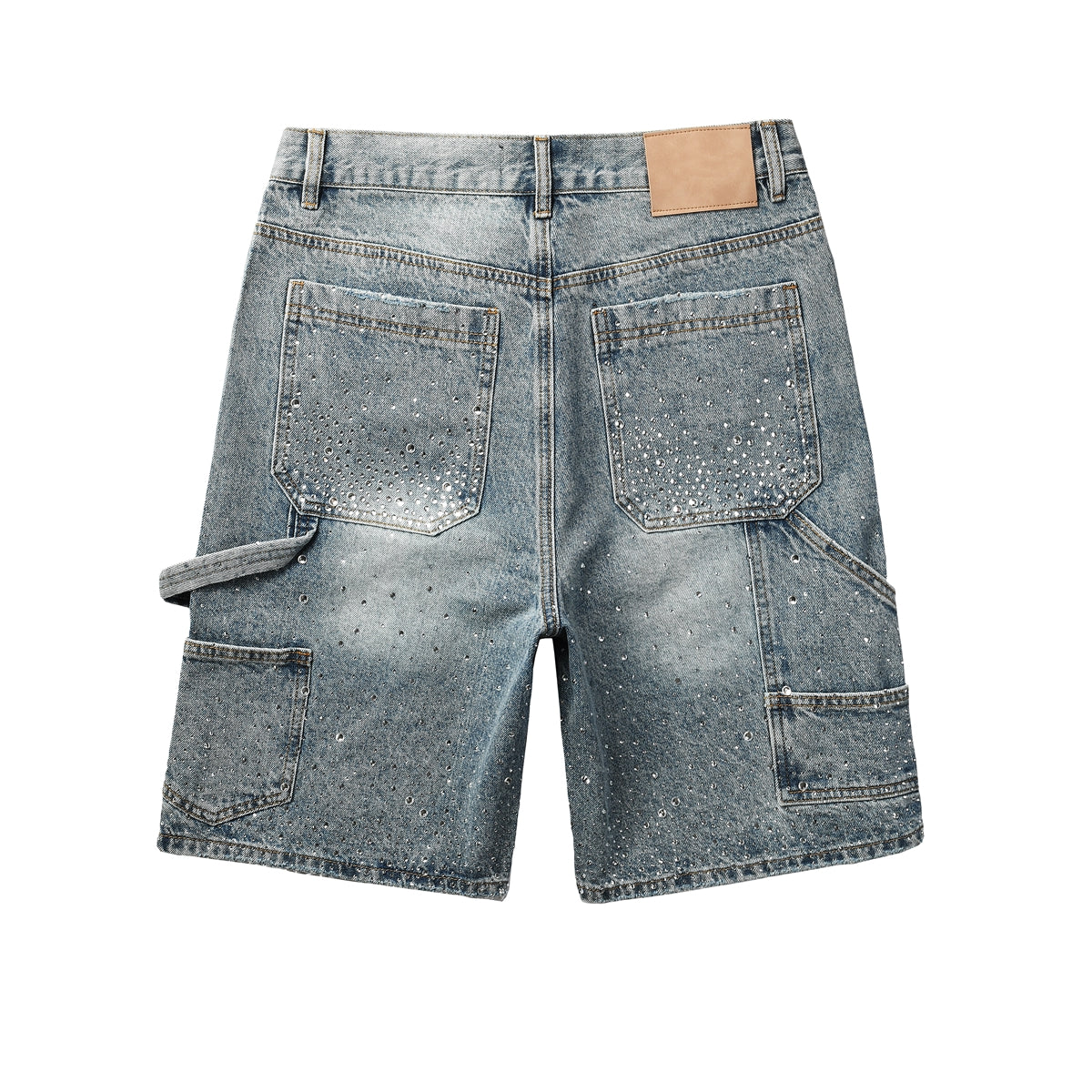 PURPLE Men Streetwear Cargo Denim Shorts Light Blue Wash with Rhinestone Embellishment and Distressed Details 5097