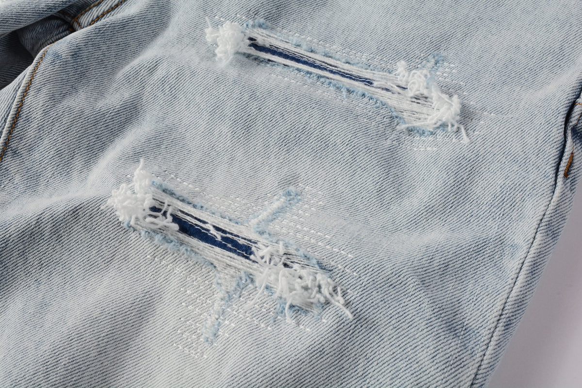 PURPLE Men Streetwear Denim Shorts Light Blue Wash with Distressed Rips and Raw Hem 5088