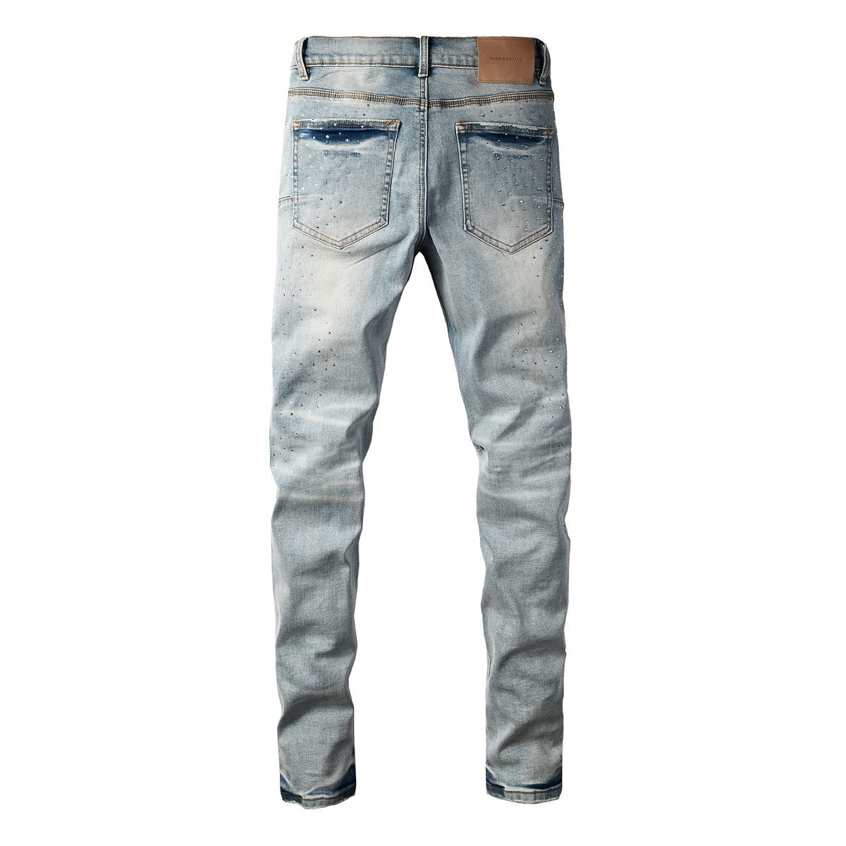 PURPLE Men Streetwear Skinny Jeans Light Blue with Rhinestone Studs and Distressed Details PU9119