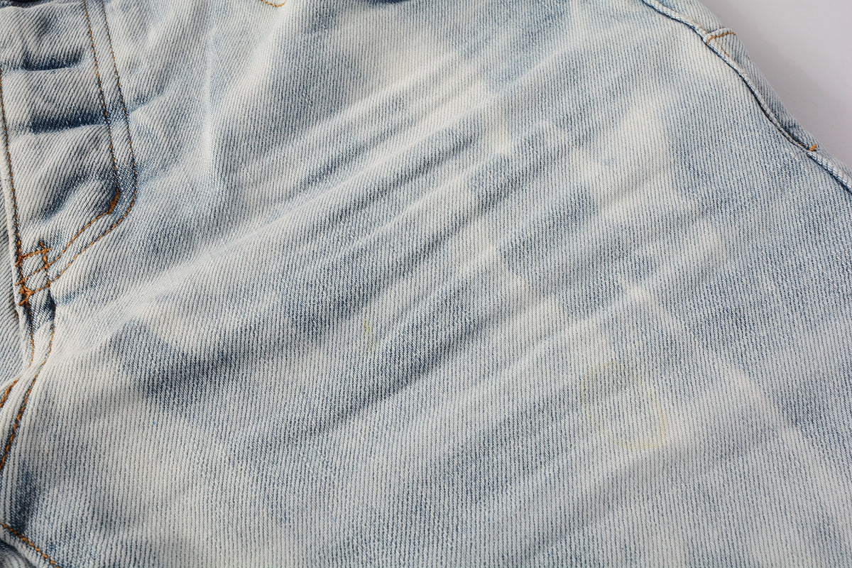PURPLE Men Streetwear Skinny Jeans Light Blue Wash with White Brushstroke Texture 7017