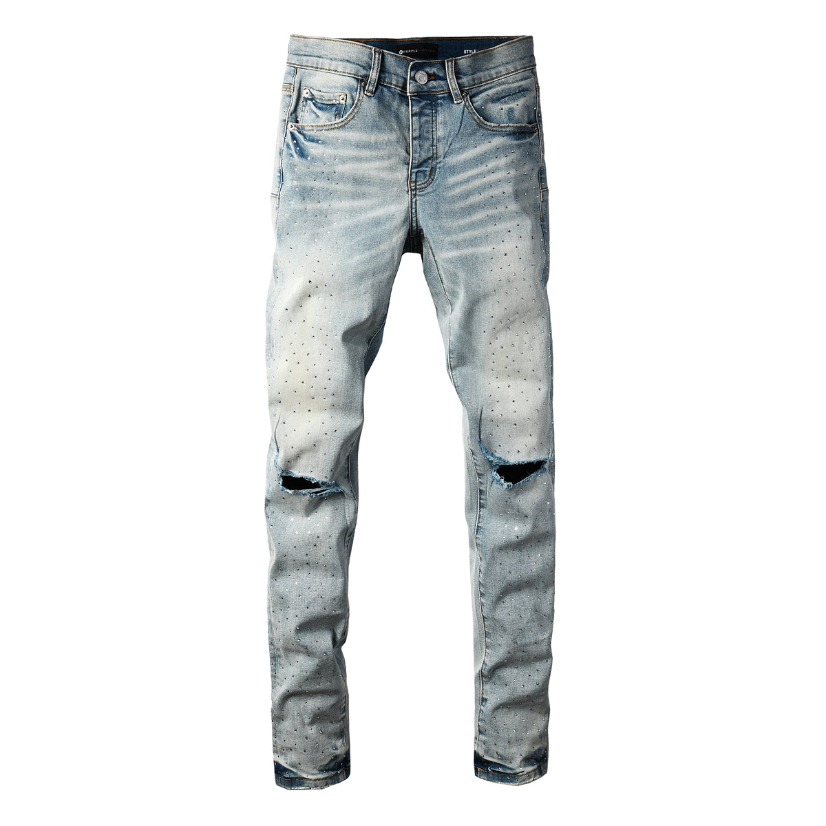 PURPLE Men Streetwear Skinny Jeans Light Blue with Rhinestone Studs and Distressed Details PU9119