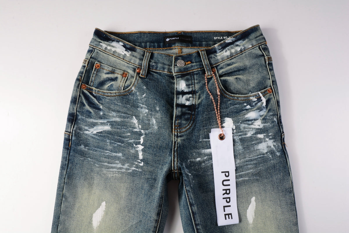PURPLE Men Streetwear Skinny Jeans Light Blue Wash with White Paint Brush Strokes 9060