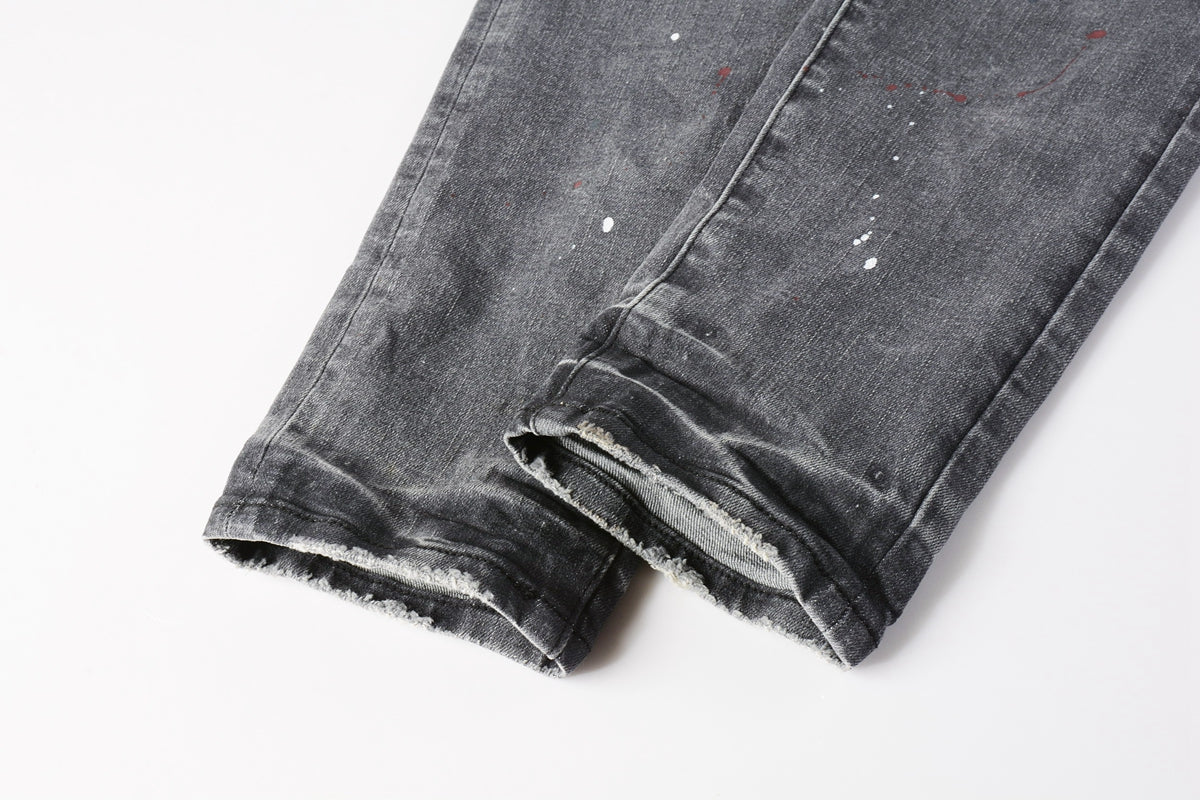 PURPLE Men Streetwear Distressed Grey Skinny Jeanswith Color Paint Splatter and Knee Rips 9107