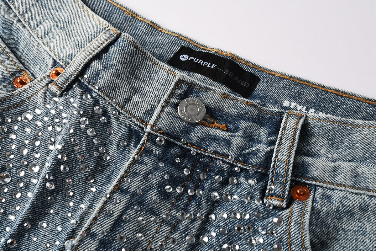 PURPLE Men Streetwear Cargo Denim Shorts Light Blue Wash with Rhinestone Embellishment and Distressed Details 5097