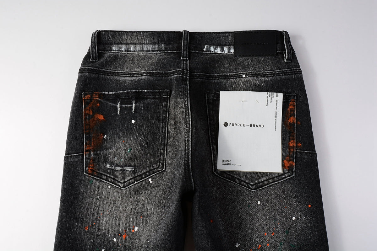 PURPLE Men Streetwear Skinny Jeans Dark Gray Wash with Distressed Rips and Multi-Color Paint Splatter 9018