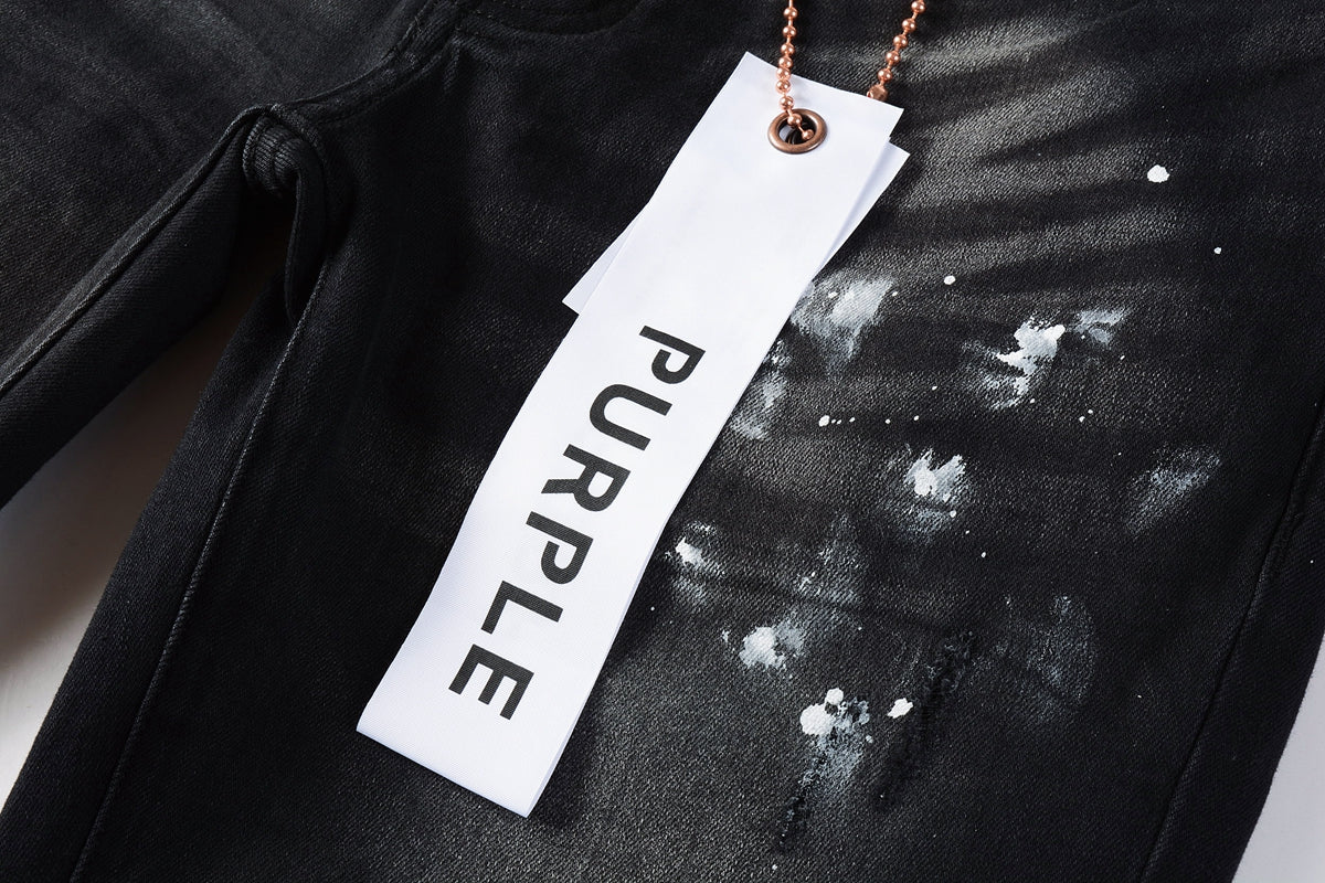 PURPLE Men Streetwear Skinny Jeans Black Fade Wash with White Paint Splatter and Distressed Rips 9002