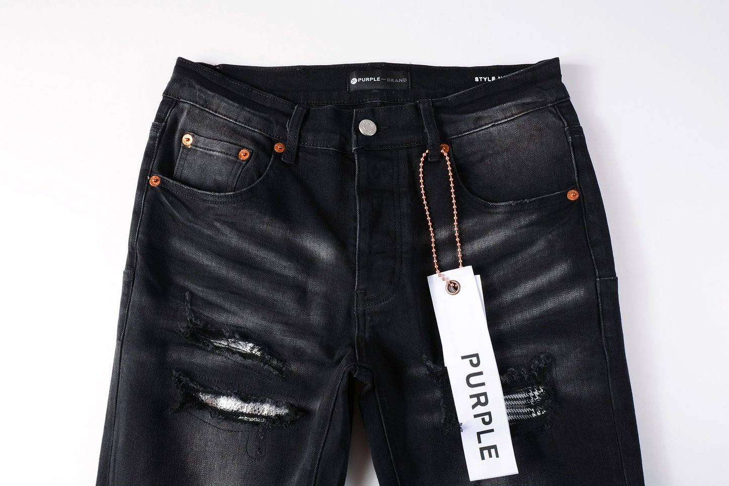 PURPLE Men Streetwear Skinny Jeans Black Wash with Distressed Rips, Checkered Patches and White Paint Splatter 9001