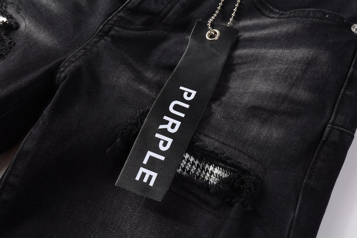 PURPLE Men Streetwear Denim Shorts Black Wash with Distressed Rips and Plaid Patches 5001