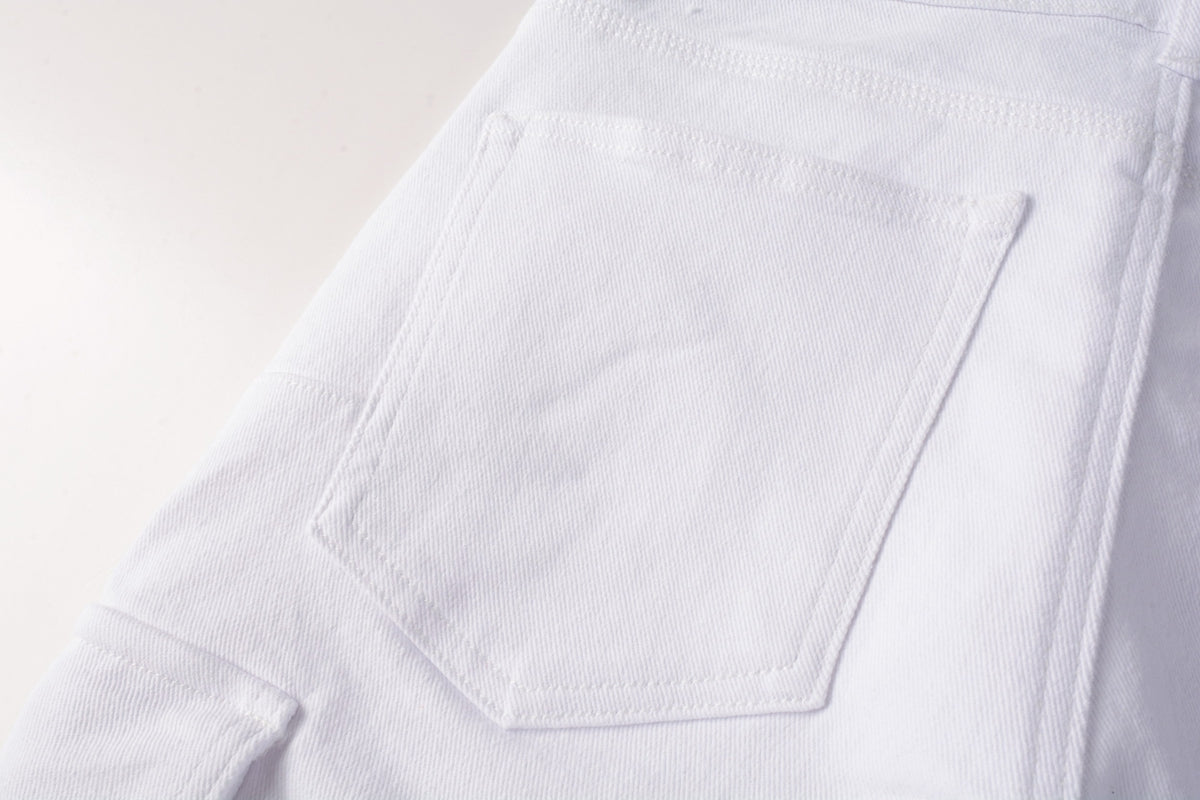 PURPLE Men Streetwear White Cargo Denim Shorts with Multiple Pockets and Raw Hem 5082
