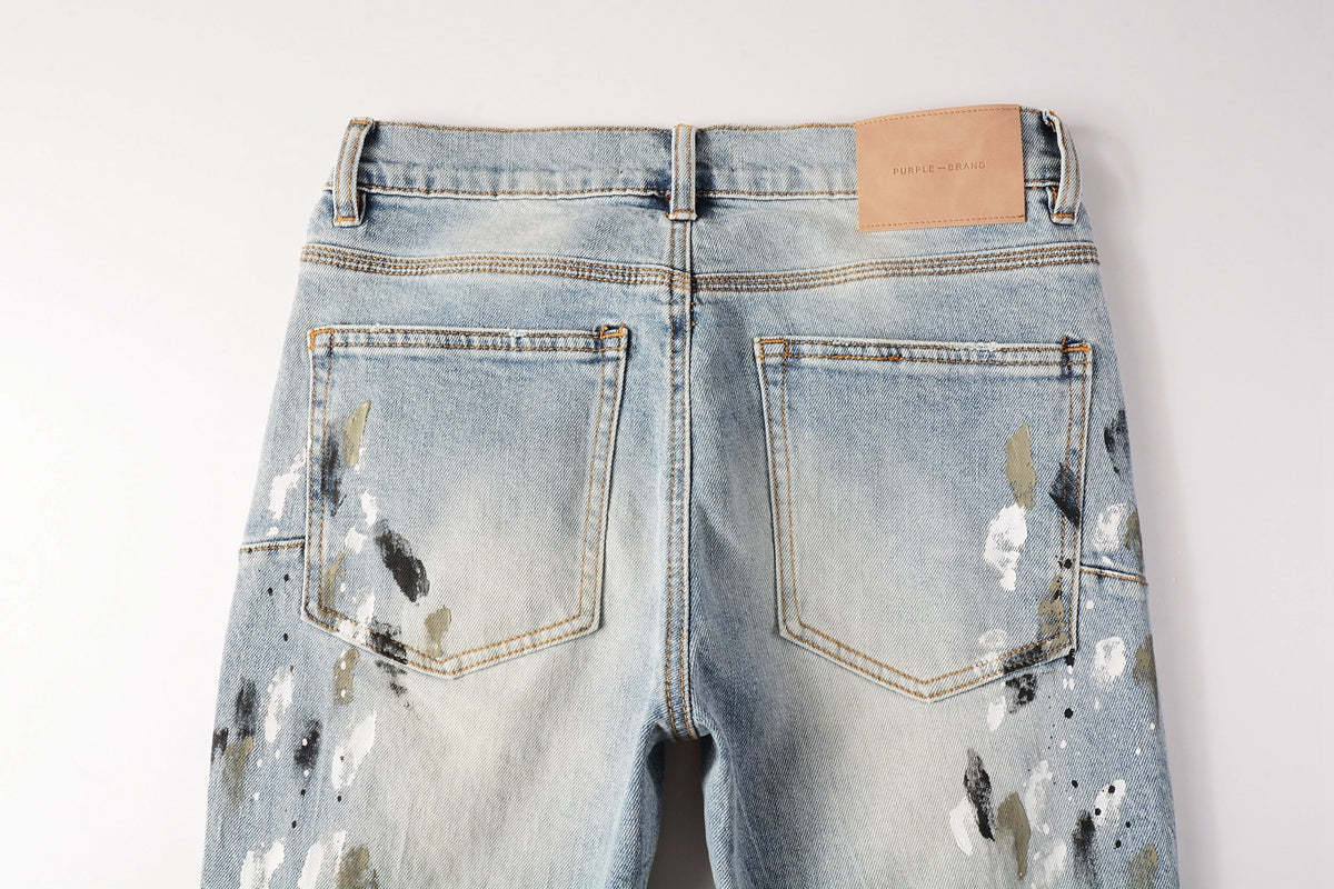 PURPLE Men Streetwear Jeans Light Blue Paint Splash Distressed Ripped skinny 9100