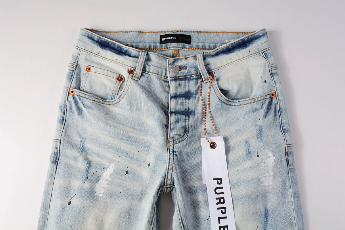 PURPLE Men Streetwear Skinny Jeans Light Blue Wash with White Paint Splatter and Subtle Distress 9006