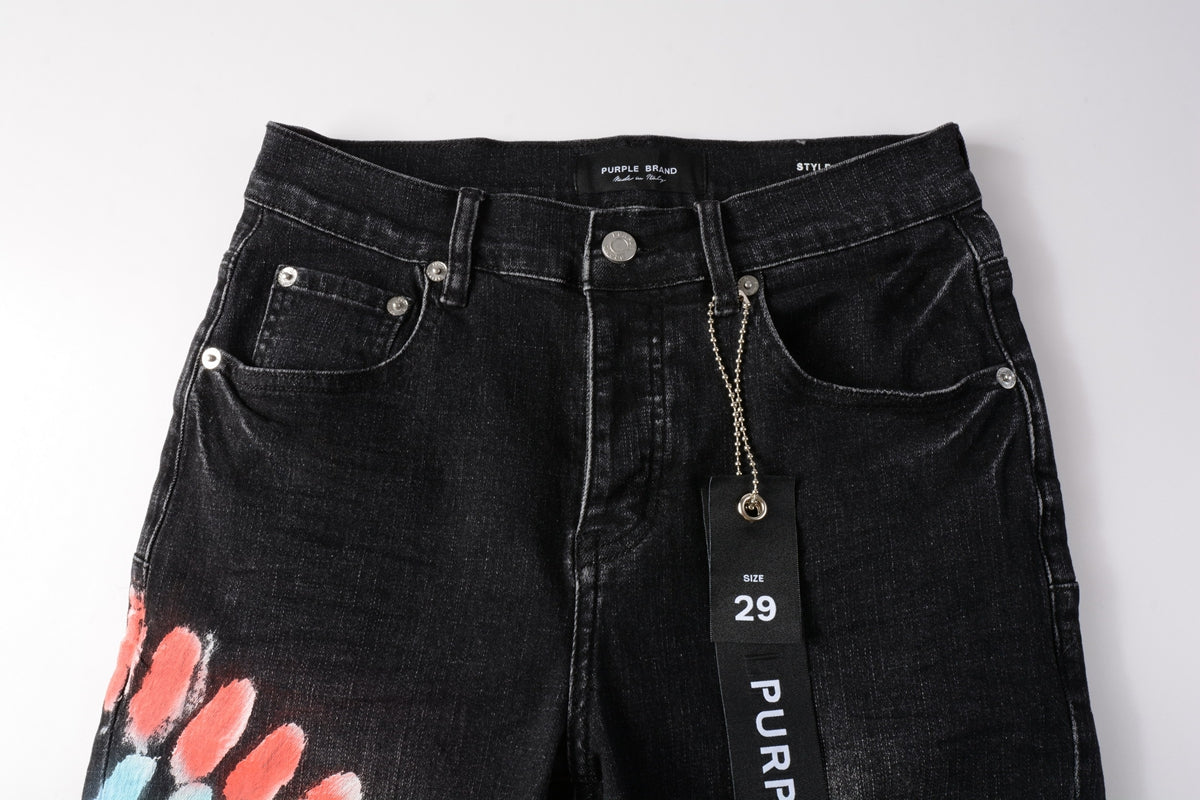 PURPLE Men Streetwear Denim Shorts Black Wash with Colorful Feather Print and Raw Hem 5085