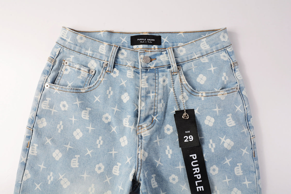 PURPLE Men Streetwear Denim Shorts Light Blue Wash with White Geometric Print and Raw Hem 5089
