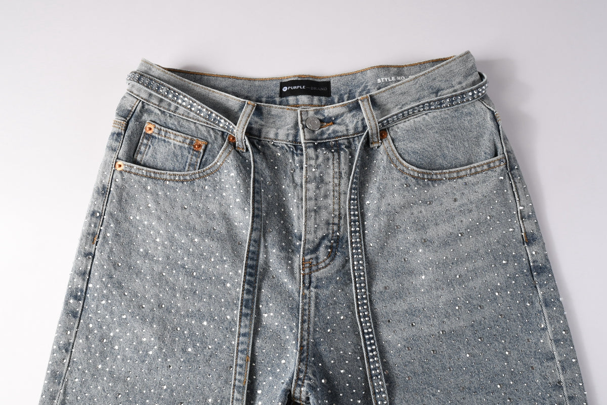 PURPLE Men Streetwear Straight Denim Shorts Grey Wash with Rhinestone Speckles and Seam Accents 5096