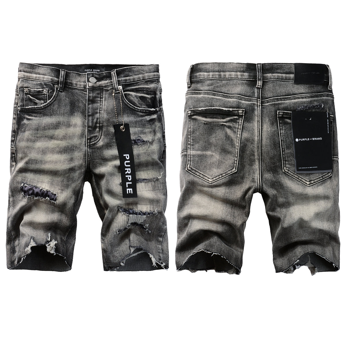 PURPLE Men Streetwear Denim Shorts Grey Black Wash with Leopard Print Ripped Details and Raw Hem 5068