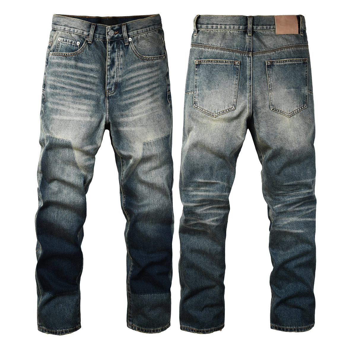 PURPLE Men Vintage Streetwear Straight Jeans Blue Washed with Whisker Fade and Contrast Panels PU9120