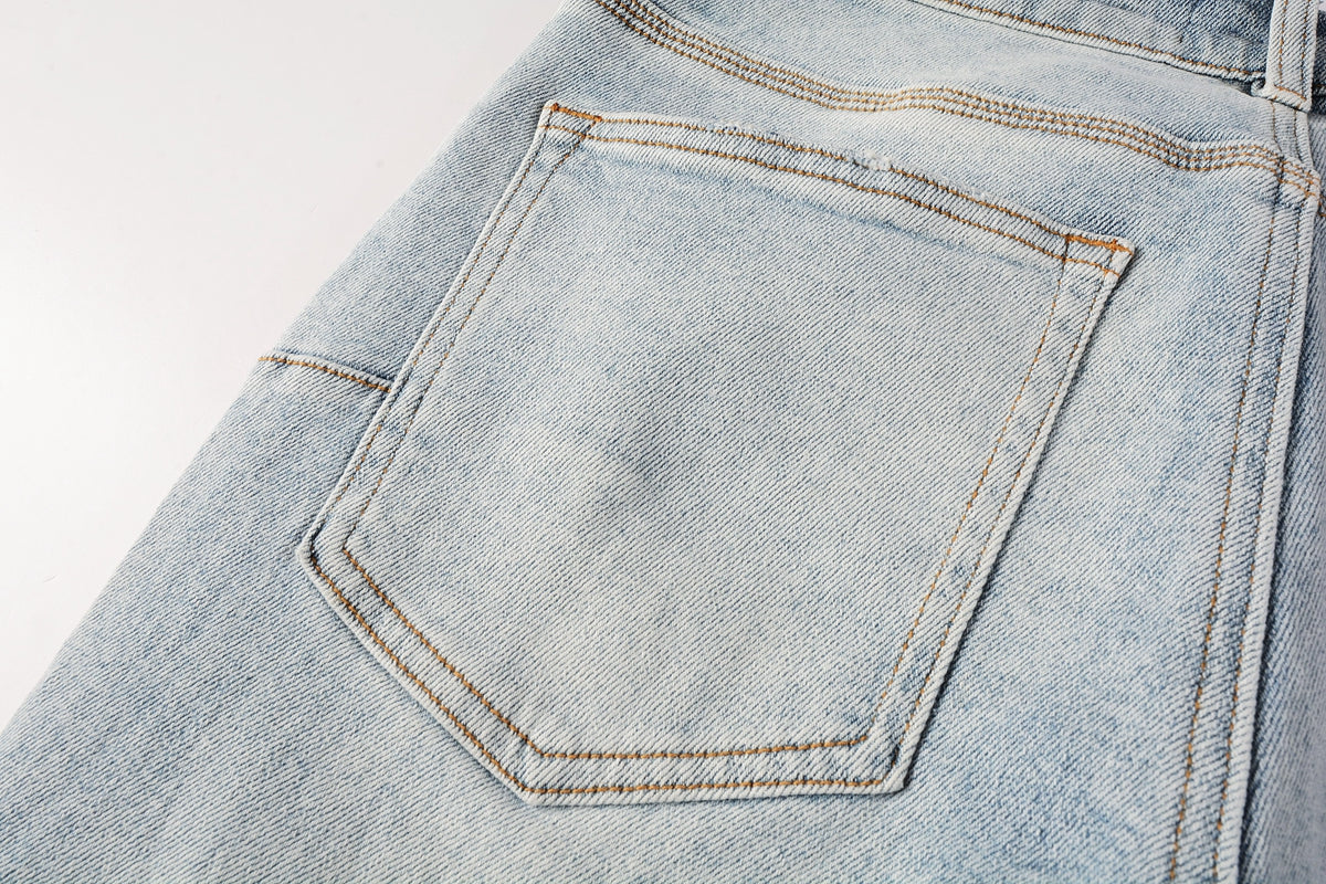 PURPLE Men Streetwear Skinny Jeans Light Blue Wash with Knee Ripped Details and Black Lining 9010