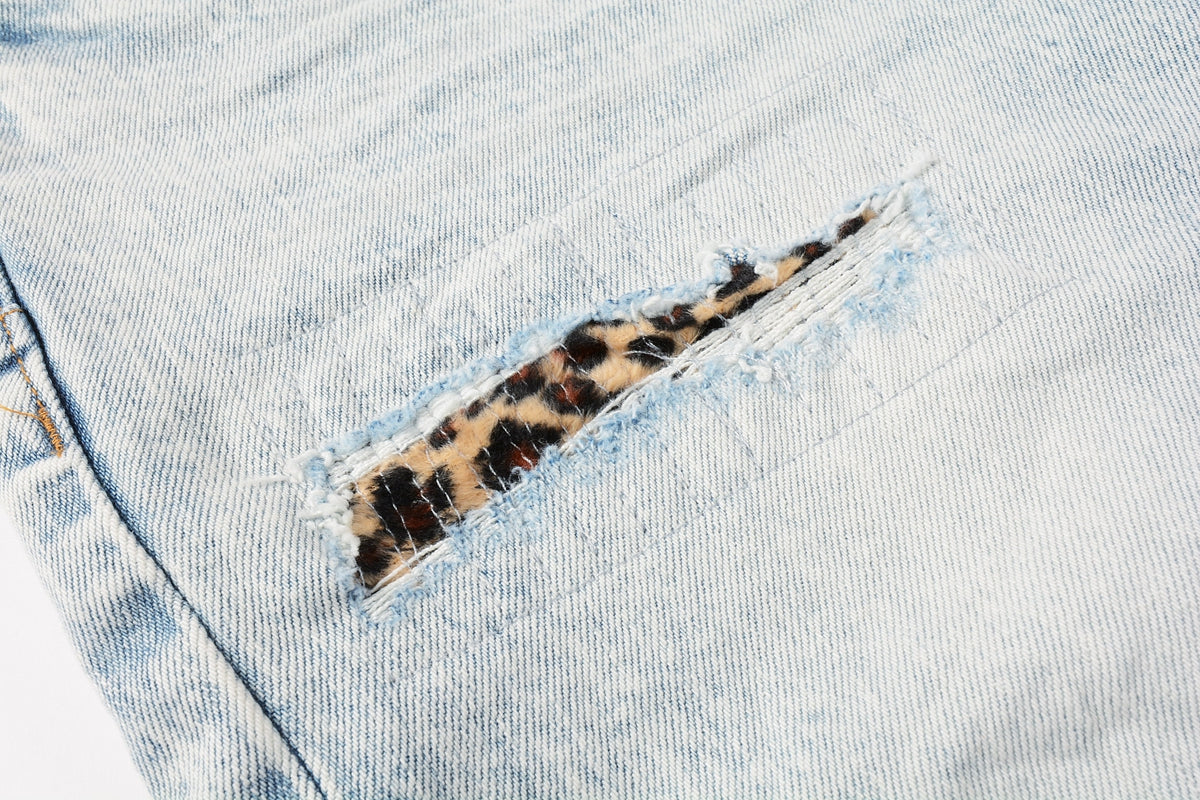 PURPLE Men Streetwear Denim Shorts Light Blue Wash with Leopard Print Patched Rips 5087