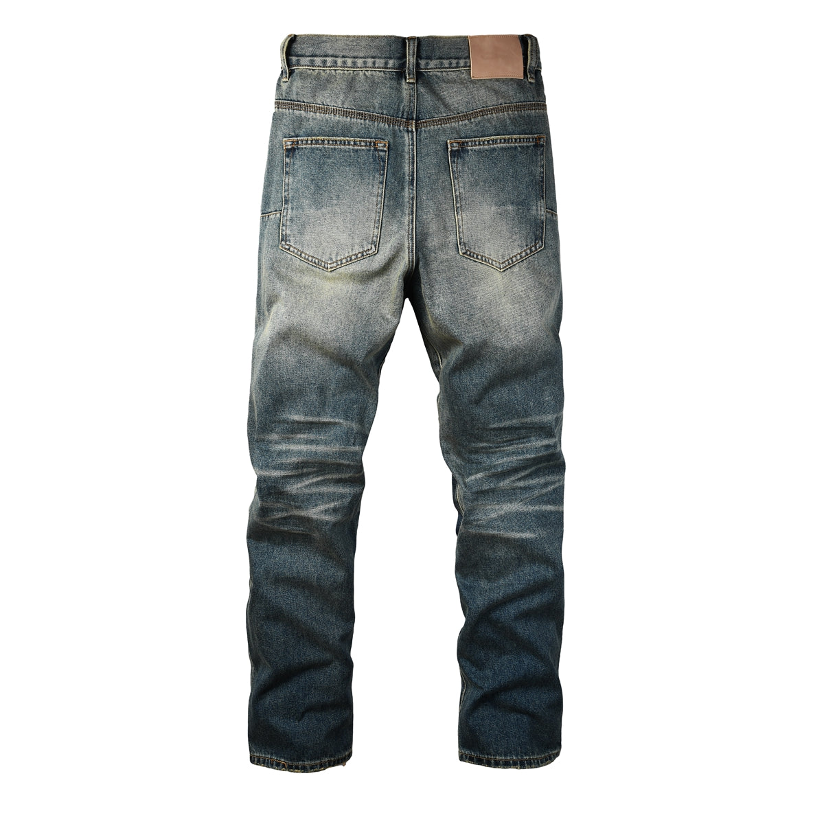 PURPLE Men Vintage Streetwear Straight Jeans Blue Washed with Whisker Fade and Contrast Panels PU9120